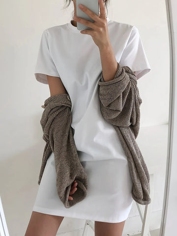 Women's small round neck simple solid color loose T-shirt dress