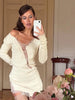 Solid Color Knit Lace Mini Dress V Neck Floral Eyelash Long Sleeve Bodycon Short Robes Women's Street Casual Coquette Gowns