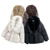 Winter Women Short Puffer Jacket Faux Fur Lapel Collar Waist Belt Design Solid Color Warm Elegant Daily Ladies Outerwear