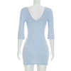 Women Twist V Neck Bodycon Mini Dress Slim Mid Sleeve Solid Color Sexy Y2K Casual Tee Dress Date Vacation Outfit