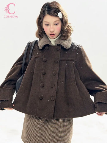 Vintage Coquette 2 Piece Set Women Fur Collar Quilted Wool Coat High Waist Mini Plaid Skirt Fitted Dress Winter Casual Outfit