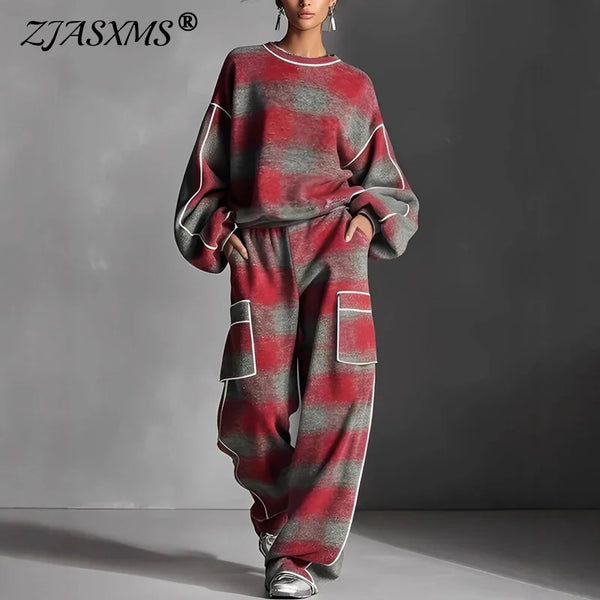 Retro Contrast Plaid Print Sportswear Set Woman Casual O Neck Top Sweatshirt+Wide Leg Pants Outfit Autumn Long Sleeve 2pcs Suits