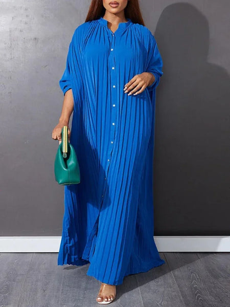 Autumn and Winter Women's Loose Round Neck Single Breasted Pleated Temperament Obese Women's Long Sleeved Dress