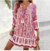 Casual Print Loose Dress For Women Long Sleeve V Neck Lace-up Vintage Pullover Dresses Lady Boho Holiday Womens Clothing