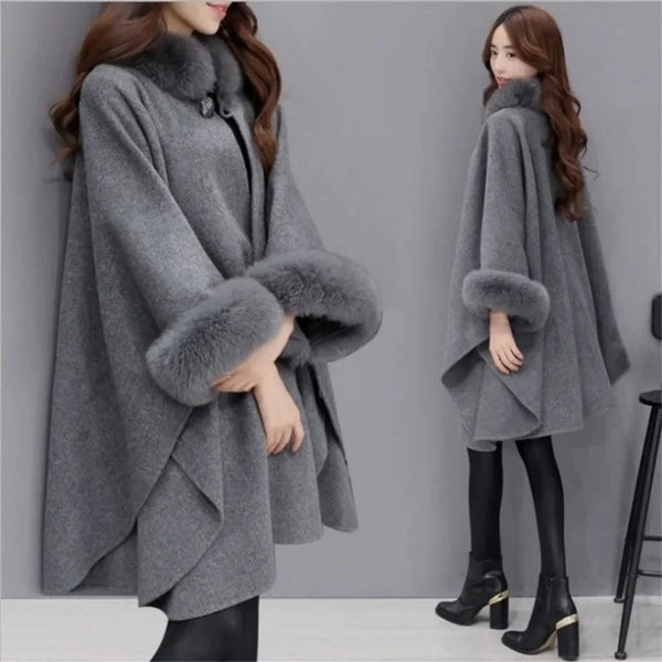S-5XL Winter Warm Cloak Horn Buckle Woolen Poncho Capes Women Faux Rabbit Fur Dolman Sleeves Loose Long Cappa Coat