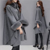 S-5XL Winter Warm Cloak Horn Buckle Woolen Poncho Capes Women Faux Rabbit Fur Dolman Sleeves Loose Long Cappa Coat