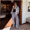 Women Color Block Spliced Ski Set Fleece Lined Stand Collar Zip Jacket Multi‑Pocket Wide Leg Trousers Winter Outfit