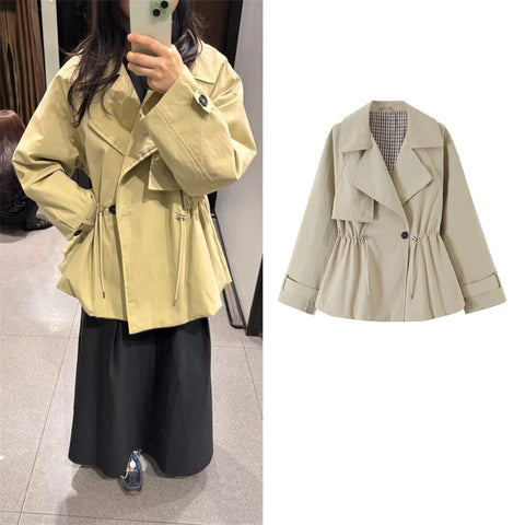 Guobioziy Women's Spring and Autumn Single-Button Drawstring Waist Loose Slim Short Trench Coat for Work