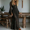 Deep V Neck Embroidery Lace Woman Dress Spring Hollow Out High Waist Crochet Dresses Autumn Flare Sleeve Jacquard Long Dress