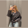 Drawstring Waist Brown Textured PU Leather Jacket Women High Neck Asymmetric Zip Button Detail Oversized Full Streetwear