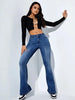 Women's Stylish Elegant Denim Flare Pants with Pocket, Casual Fit for All Seasons, Moderate Thickness Denim Trousers