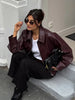 Wine Red Pu Leather Long Sleeve Lapel Collar Zipper Jackets Women Loose Short Coats Female Autumn Office Daily Wear