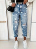 Boyfriend Jeans Women's Slim Fit Ripped Jeans Women's Five-pointed Star Ripped Jeans Street Casual Blue Jeans