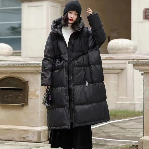 Lagabogy Winter Women Oversize Long Puffer Coat Female Thick Warm White Duck Down Jacket Hooded Loose Parkas Outwear