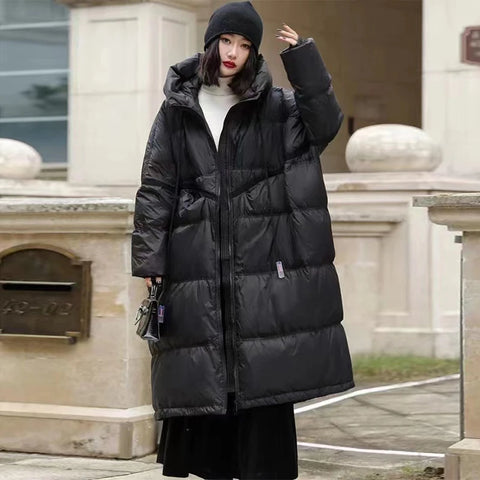 Lagabogy Winter Women Oversize Long Puffer Coat Female Thick Warm White Duck Down Jacket Hooded Loose Parkas Outwear