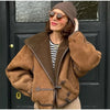Elegant Hooded Plush Short Coat Women Retro Chic Suede Single Breasted Jackets Coats Female Winter Casual Street Outwear