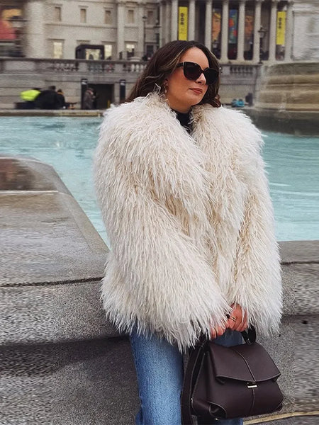 Faux Fur Coat Women Loose Lapel Full Sleeve Fluffy Short Overcoat Autumn Winter Street Lady Furry Warm Overcoat