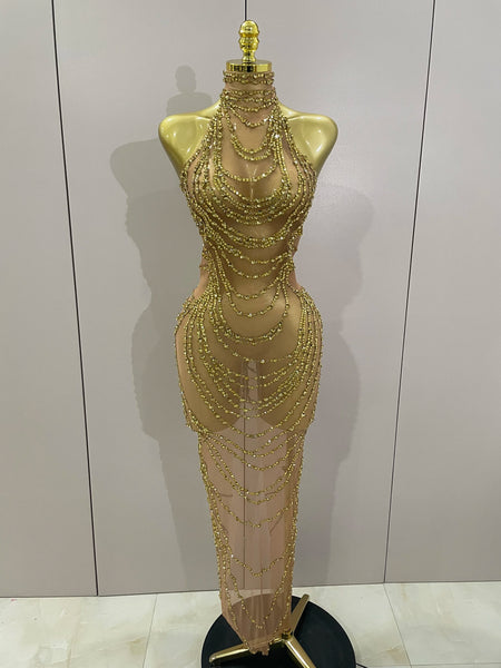Sparkly Gold Rhinestone Sexy Transparent Mesh Long Dress Women Birthday Party Gown Stage Singer Performance Costume