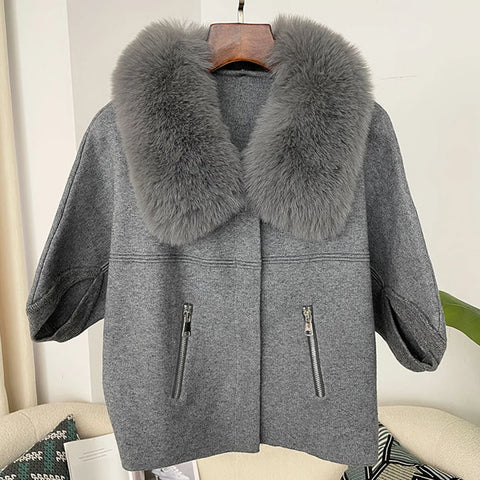 Autumn and Winter Women Cardigan Short Knitted Sweater Solid Color with Faux Fur Collar Three Quarter Sleeves Coat
