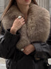 Ladies Winter Retro Fur Collar Leather Jacket V‑Neck Full Lapel Long Sleeve Double Breasted Urban Warm Casual Outer
