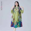 Printting Women's Pleated Dress Turn Down Collar Single Breasted Elastic Loose Long Sleeve Dresses 2DB8280