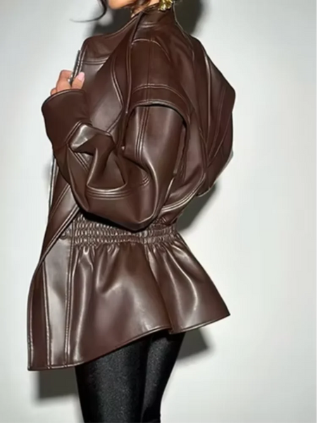 Solid PU Leather Jacket Women Turn-down Collar Zipper Front Puffy Sleeves Stylish Coat Spring Casual Lady Outerwear