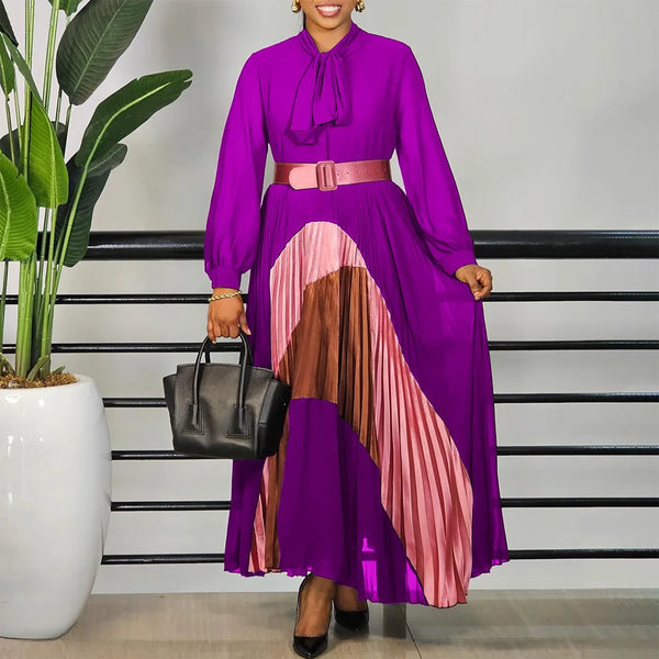 Elegant Women Dresses Bow Collar Full Sleeve Belt Waisted Ankle Length Ladies Birthday Party Dinner Dress Cloth