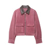 Women's Pink Corduroy Pu Leather Collar Cropped Jacket Long Sleeve Zipper Coat All-match Spring Autumn Outfit