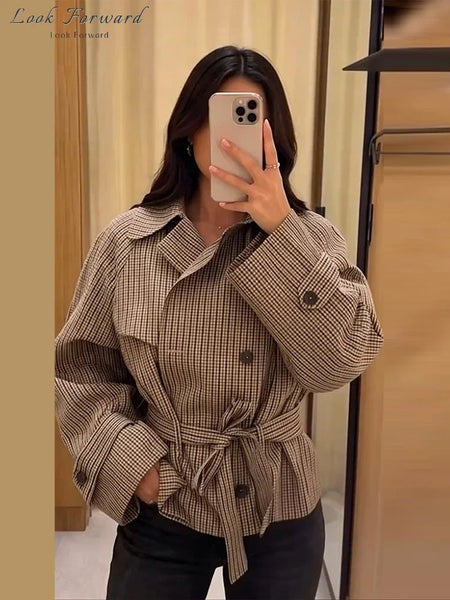 Vintage Plaid Belted Jackets Women Slim Full Sleeves Double-breasted Lapel Cropped Coats Ladies Autumn Outwear