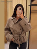 Vintage Plaid Belted Jackets Women Slim Full Sleeves Double-breasted Lapel Cropped Coats Ladies Autumn Outwear