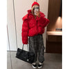 Bright Red Hooded Puffer Jacket Oversized Collar Horizontal Quilted Thick Padded Cropped Coats Women's Down Winter Jackets Warm