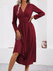 Elegant Solid Color Knit Dress for Women Fall Winter Overlap V-Neck Long Sleeve with Waist Shirring Bodycon Long Maxi Dress