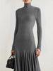Women's Grey Knit Maxi Dress Turtleneck Long Sleeve with Fitted Bodice and Flared Mermaid Skirt Elegant Party Dresses
