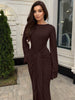 Autumn Elegant O-Neck Long Flare Sleeve Ruched Slim Fit Ribbon Long Dress Women'S Solid Casual Party Club Outfit