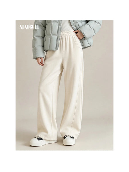 Women Winter Pants Fleece Lined High Waist Heavy Drape Thick Warm Winter Beige Loose Fit Casual Long Trousers