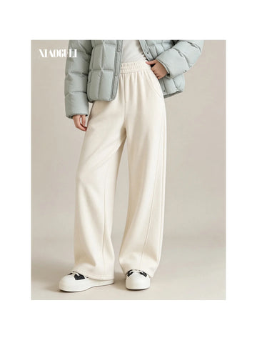 Women Winter Pants Fleece Lined High Waist Heavy Drape Thick Warm Winter Beige Loose Fit Casual Long Trousers