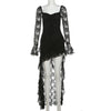 Mesh Patchwork Long Dresses Women Autumn Square Collar Flared Sleeve Ruffle Ribbon Street Sexy