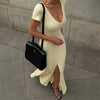 Ribbed Knit Maxi Dress For Women Deep V-Neck Slim High Slit Elegant Patchwork Commute Party Dress Women Knitwear Dress