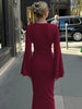 Autumn Elegant O-Neck Long Flare Sleeve Ruched Slim Fit Ribbon Long Dress Women'S Solid Casual Party Club Outfit