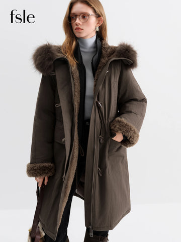 Women's Fur-Lined Down Parka Jacket with Wool Blending Mid-Length Winter for Winter Long Hooded Jacket