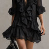 Solid Ruffle Mini Dresses Women Deep V Lace Splice Half Flare Sleeve Loose Irregular Hem Dress Autumn Party Elegant Casual Dress