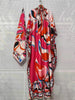 Loose plus size women's clothing retro geometric positioning print tie pullover dress slit skirt + scarf two-piece set