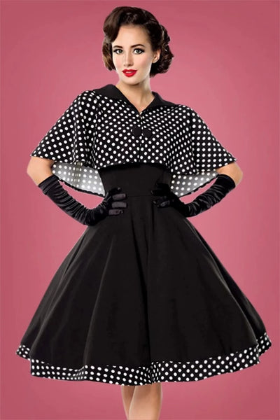 Women Outfits Polka Dot Vintage 1950s Swing Dress Long Sleeve Cape Top and A-Line Dress Two Piece Suit Vestido