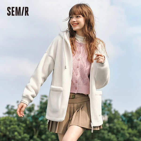 Coat Women Imitation Lamb Wool Polar Fleece Double-Sided Wear Loose Winter Contrast Color Simple Hooded Jacket