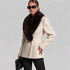 Women Big Faux Fur Lapel V‑Neck Wool Blend Blazer Jacket Double Button Fitted Waist Long Sleeve Elegant Outerwear Coat