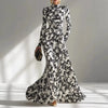 Flower Print Long Sleeve Elegant Maxi Dress Women Gown Spring Ruched Bodycon Mock Neck Long Dresses Female