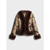 Floral Jacquard Faux Fur Trim Coat Women V Neck Single Button Full Sleeve Furry Cuff Jacket Lady Vintage Winter Warm Party Coats