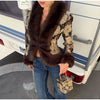 Printed Faux Fur Splicing Jacket Autumn Winter V-neck Slim Waist Cinched Full Sleeve Cropped Coat Women's Outwear