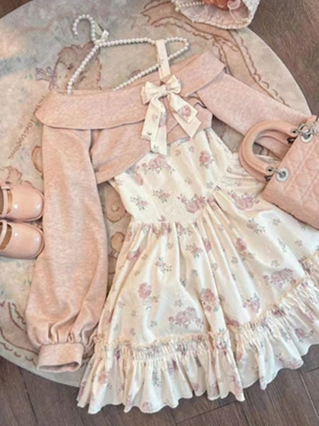 Sweet Bow Corduroy Long Sleeve Tops Women+ Y2k Gentle Slim Waist Bottoming Camisole Floral Dress Spring Two Piece Sets
