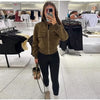 Women's Cropped Bomber Jacket Stand Collar Zipper Patch Pocket Rib Trim Long Sleeve Short Coat Vintage Autumn Casual Outfit